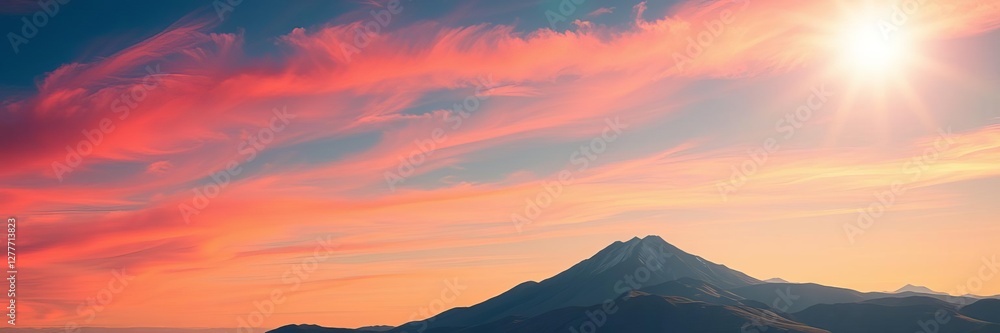 Fototapeta premium Vibrant mountain range landscape with sun shining in the center of the sky, colorful, sunny