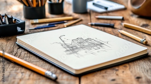 Wallpaper Mural Sketch of a City Building with Art Supplies on a Wooden Table Torontodigital.ca