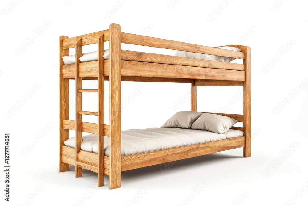 Wooden Bunk Bed with Ladder - A sturdy, light-colored wooden bunk bed, complete with mattresses and pillows, is shown against a white background. Ideal for children's bedrooms or small spaces Wooden Bunk Bed with Ladder - A sturdy, light-colored wooden bunk bed, complete with mattresses and pillows, is shown against a white background. Ideal for children's bedrooms or small spaces