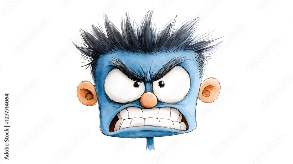 Obraz premium Illustrated Angry Character with Spiky Hair and Intense Expression, Perfect for Representing Frustration, Rage, or Strong Emotions in Creative Projects