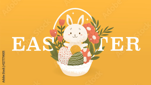 Congratulatory banner or postcard for Easter. Charming bunny in a basket with flowers and painted eggs. Celebration of the Christian holiday. Warm cozy drawing. Vector illustration.