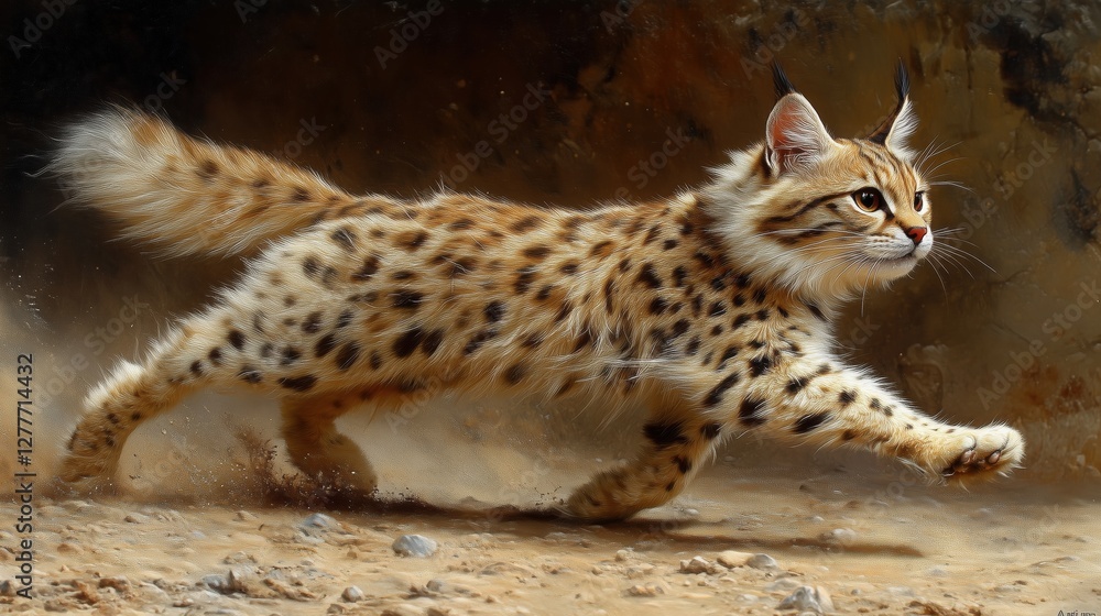 Fototapeta premium Running spotted wild cat on desert terrain