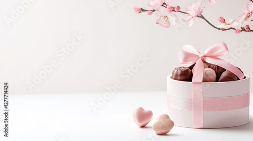 Elegant assorted chocolate gift set, round box with pink ribbon and floral details, Valentine's theme, isolated on a clean white background