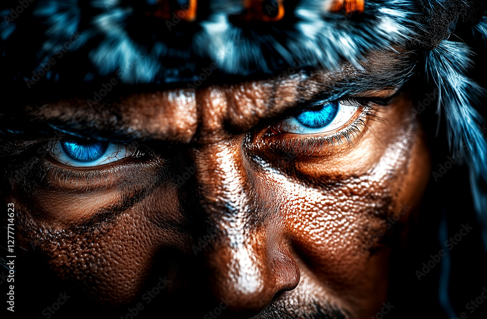 Man with blue eyes and a fur hat. The man has a fierce look on his face Man with blue eyes and a fur hat. The man has a fierce look on his face
