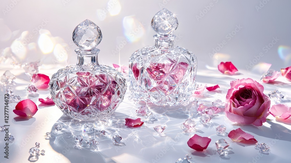 Elegant crystal bottles containing tiny rose petals and love notes, shiny reflections, luxury Valentine's theme, isolated on a pure white background Elegant crystal bottles containing tiny rose petals and love notes, shiny reflections, luxury Valentine's theme, isolated on a pure white background