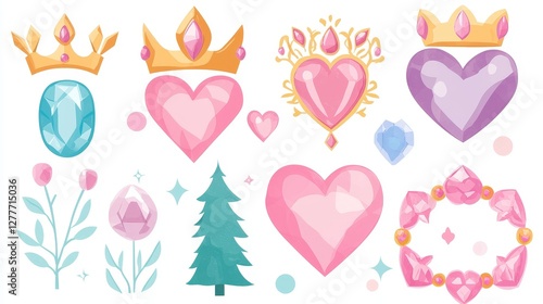 Fairytale-themed Valentine's cut-out set with princess crowns, enchanted forests, glowing heart gems, and magical rings, bright and detailed design, white background