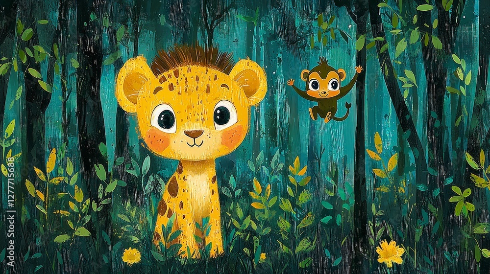 Naklejka premium Adorable Baby Safari Animals in Watercolor Forest Illustration