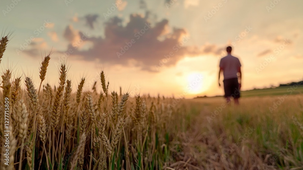 Golden Wheat Field Sunset Man Walking Agriculture Rural Scene Golden Wheat Field Sunset Man Walking Agriculture Rural Scene