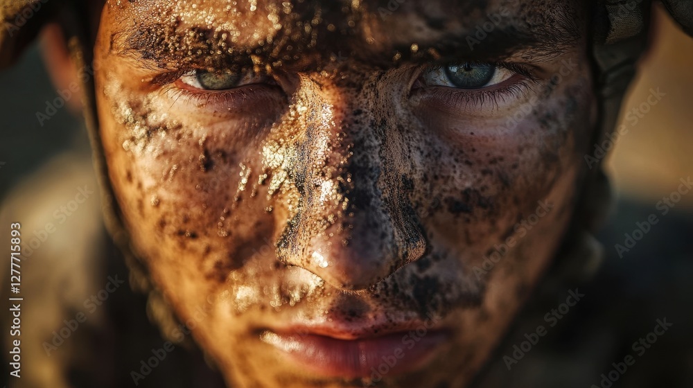Intense Close-Up of a Young Soldier in Muddy Camouflage Makeup Intense Close-Up of a Young Soldier in Muddy Camouflage Makeup
