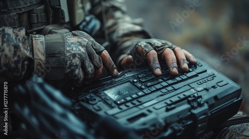 Soldier Operating Radio Device in Military Tactical Setting