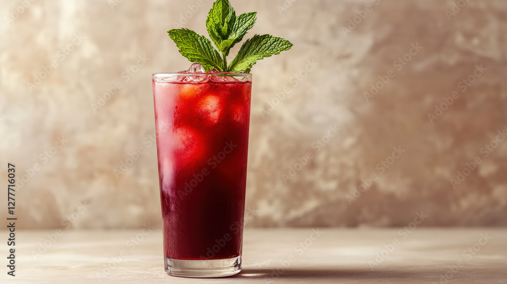 Refreshing cold beet juice in tall glass garnished with mint leaves, perfect for healthy drink. Enjoy vibrant color and invigorating taste Refreshing cold beet juice in tall glass garnished with mint leaves, perfect for healthy drink. Enjoy vibrant color and invigorating taste