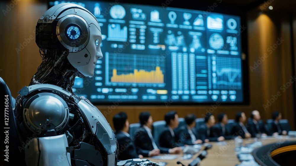 Robot Attending Business Meeting with Data Dashboard Display Robot Attending Business Meeting with Data Dashboard Display