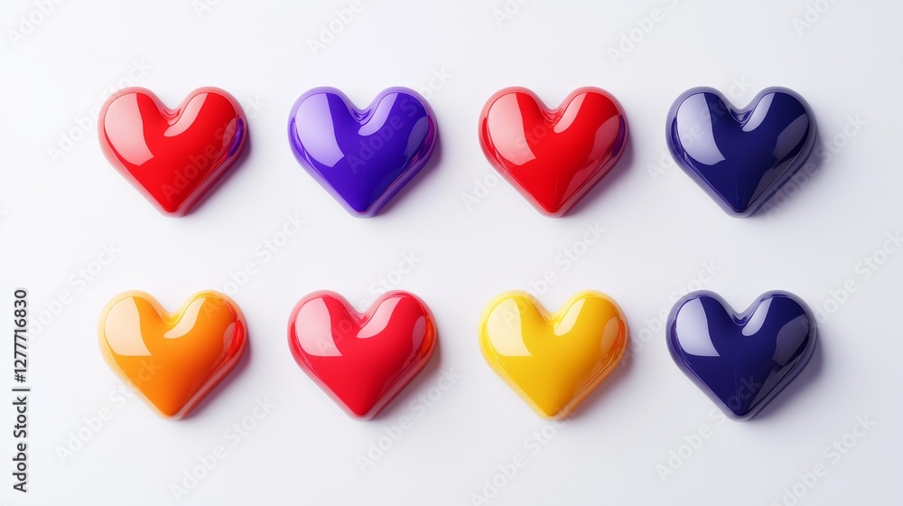 Fototapeta premium Group of heart icons in bold colors and different sizes, Valentine's themed, digitally cut out and presented on a plain white background