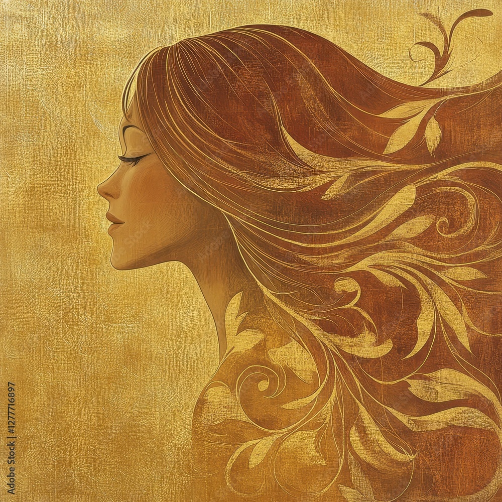 Profile portrait of a woman with flowing hair and leaves Profile portrait of a woman with flowing hair and leaves