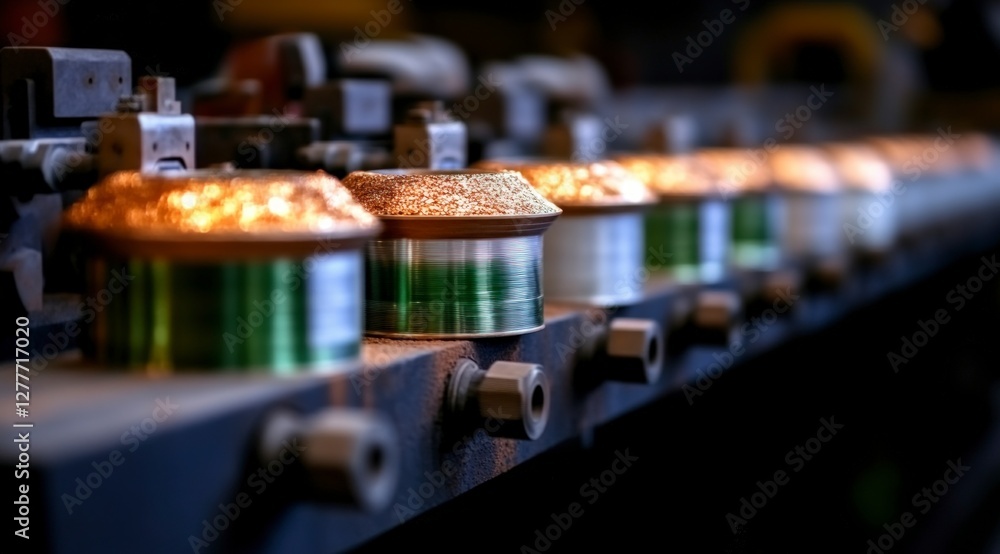 Fototapeta premium Industrial Aluminum Wire Spools on Factory Production Line