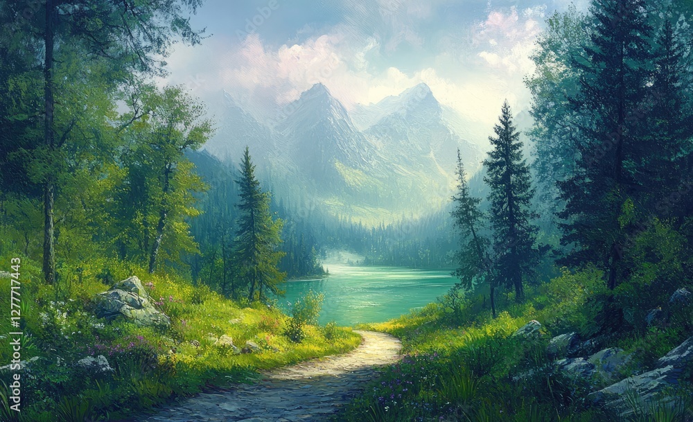 Mountain lake path, scenic vista, summer morning, tranquil scene, travel poster Mountain lake path, scenic vista, summer morning, tranquil scene, travel poster