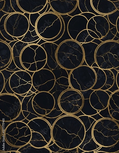 Elegant Seamless Pattern of Golden Circles on Dark Marble Texture