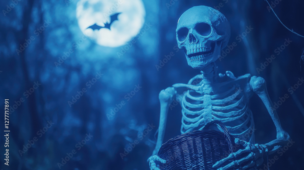 Skeleton holding basket in spooky forest at night with full moon and bat Skeleton holding basket in spooky forest at night with full moon and bat