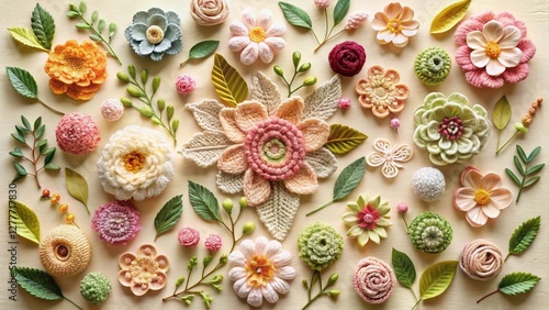 A Delicate Arrangement of Pastel-Colored Knit and Felt Flowers and Foliage on a Cream Background