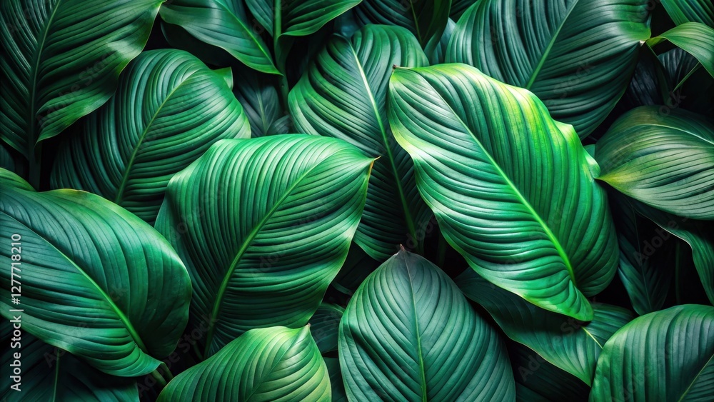 Lush Green Tropical Foliage A Textured Background of Vibrant, Overlapping Leaves with Deep Emerald Hues and Intricate Veining Patterns Lush Green Tropical Foliage A Textured Background of Vibrant, Overlapping Leaves with Deep Emerald Hues and Intricate Veining Patterns
