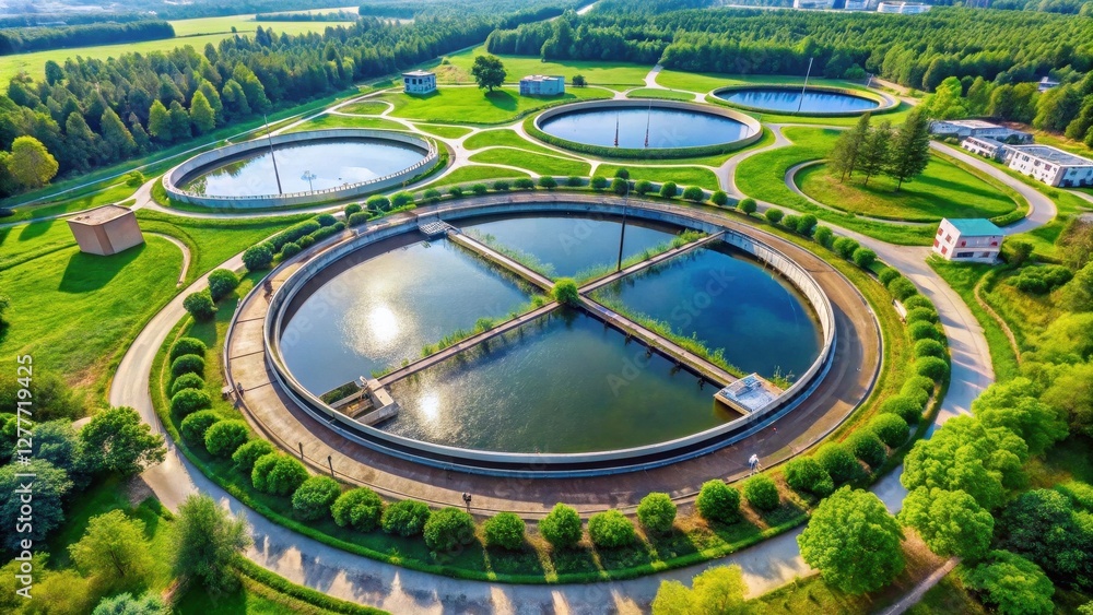 Aerial View of a Modern Wastewater Treatment Facility Integrated into a Lush Green Landscape with Winding Pathways Aerial View of a Modern Wastewater Treatment Facility Integrated into a Lush Green Landscape with Winding Pathways
