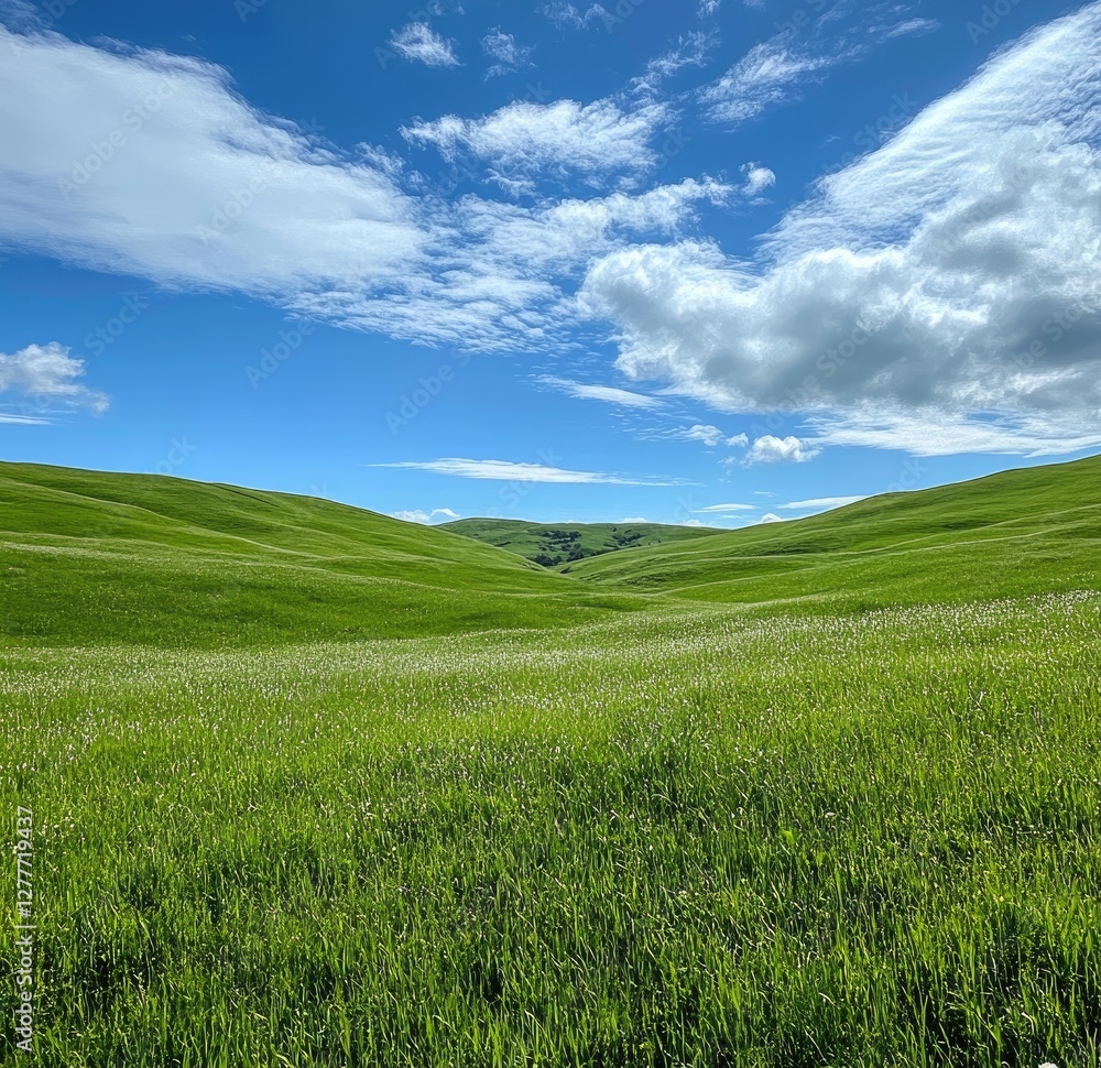 Rolling green hills under a blue sky; pastoral scene Rolling green hills under a blue sky; pastoral scene