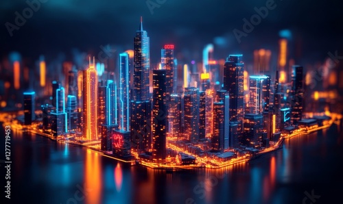 3D Urban Cityscape with Neon Lights, Generative AI