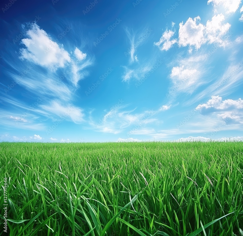 Sunny green field, blue sky, clouds, landscape, nature, idyllic, springtime, background, website, advertising Sunny green field, blue sky, clouds, landscape, nature, idyllic, springtime, background, website, advertising