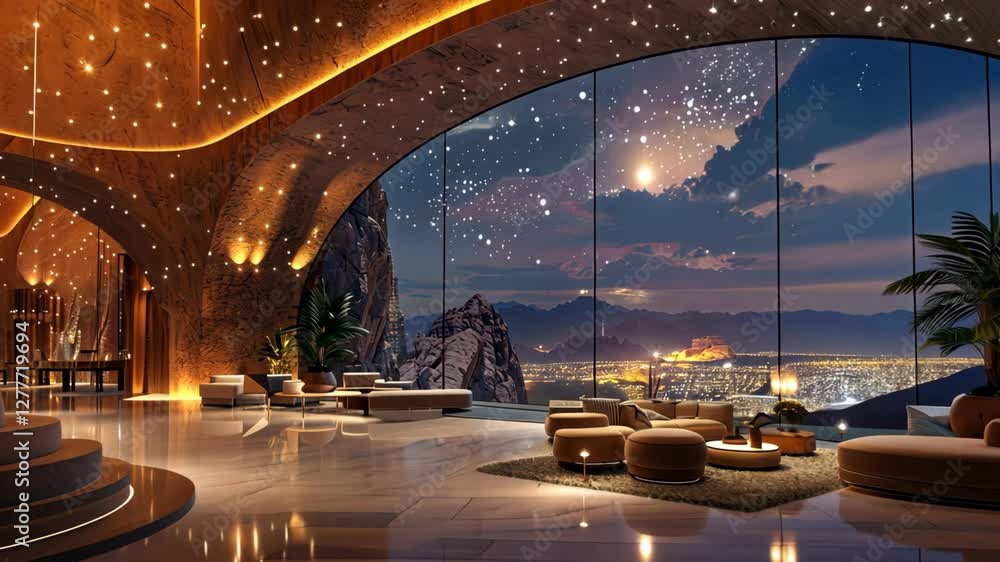 dreamy luxurious hotel reception hall with glow light decorate on ceiling look like star glowing and starry sky view outside
dreamy luxurious hotel reception hall with glow light decorate on ceiling look like star glowing and starry sky view outside