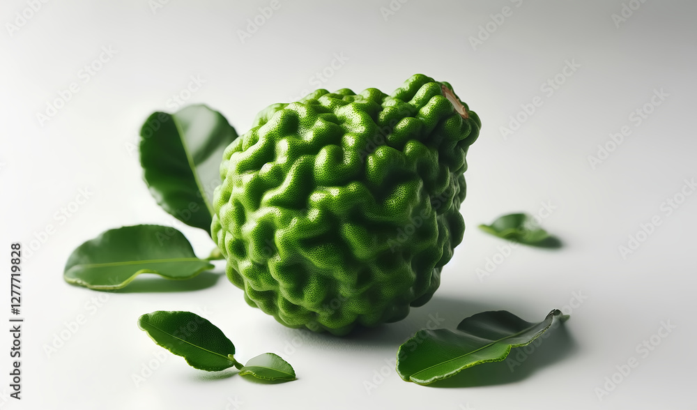 Obraz premium A bergamot fruit displayed in detailed macro photography, revealing the unique texture and rich green color of this prized citrus