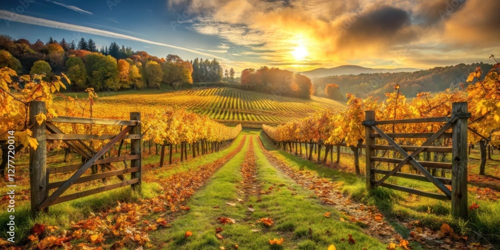 Fototapeta premium Autumnal Vineyard Pathway at Sunrise Golden Leaves, Rustic Gates, and Serene Landscape