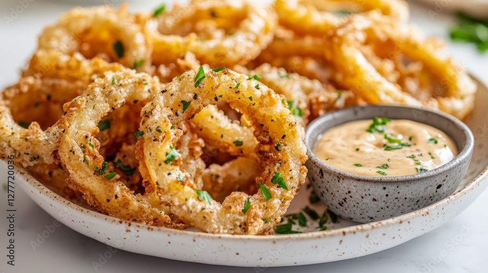 Crispy onion rings served with a dipping sauce, garnished with herbs. Crispy onion rings served with a dipping sauce, garnished with herbs.