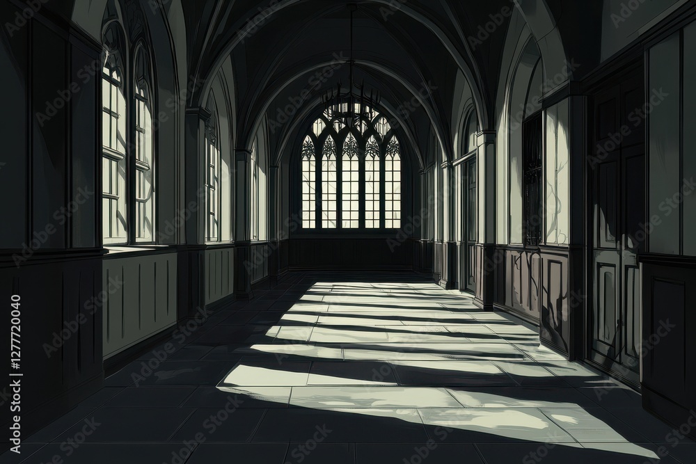 Fototapeta premium Light streams through arched windows in a gothic corridor