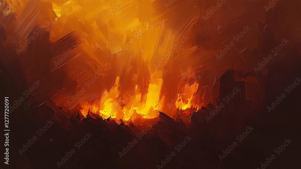 Fototapeta premium Expressive brushwork depicts a dynamic fire amidst trees.