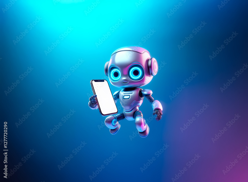A cute metallic robot with glowing blue eyes is holding a blank screen mobile phone, floating in a vibrant blue and purple illuminated digital space. A cute metallic robot with glowing blue eyes is holding a blank screen mobile phone, floating in a vibrant blue and purple illuminated digital space.