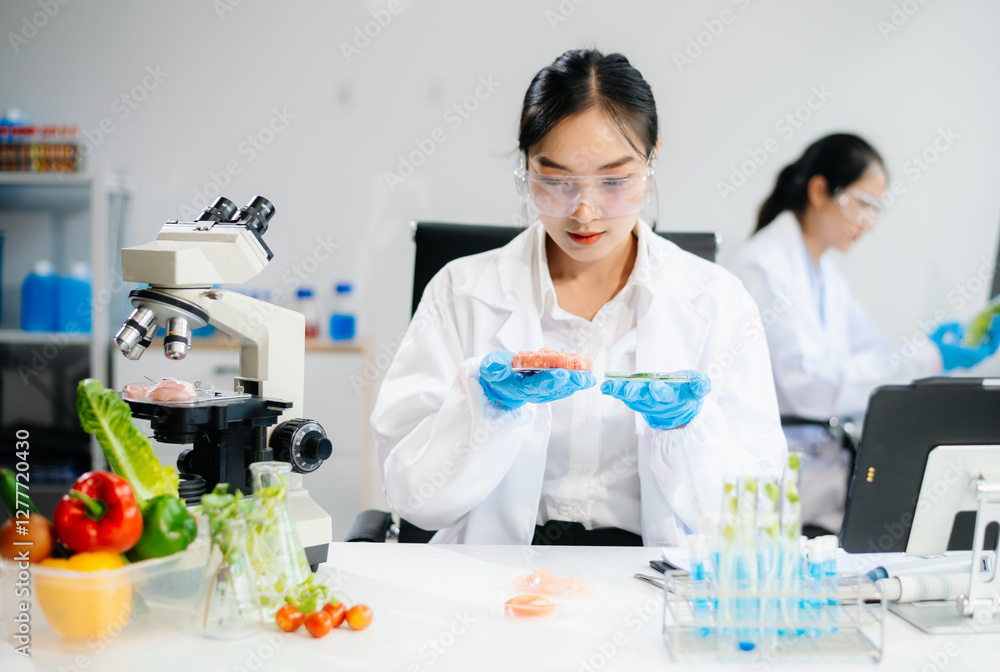 Two Asian scientists in a lab conducting food research using a microscope and lab equipment, showcasing innovation in food science Two Asian scientists in a lab conducting food research using a microscope and lab equipment, showcasing innovation in food science