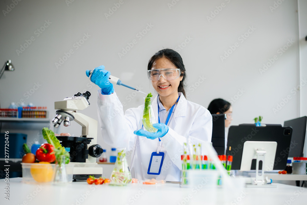 Food scientists in lab coats, testing samples, and analyzing food safety and quality Food scientists in lab coats, testing samples, and analyzing food safety and quality