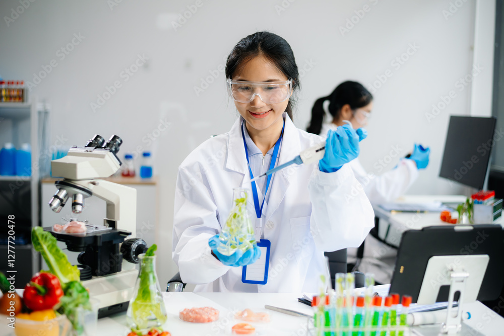 Two Asian scientists in a lab conducting food research using a microscope and lab equipment, showcasing innovation in food science Two Asian scientists in a lab conducting food research using a microscope and lab equipment, showcasing innovation in food science