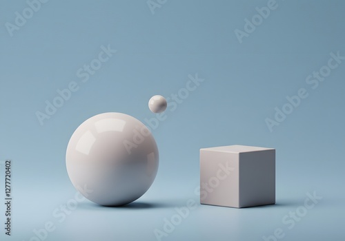 Geometric Shapes Composition with Sphere, Cube, and Minimalist Blue Background