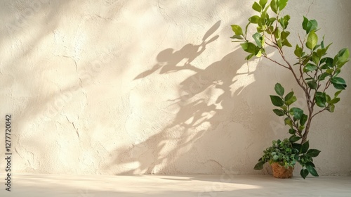Sunlit Plant Shadow on Beige Wall Minimalist Interior Design Home Decor Greenery