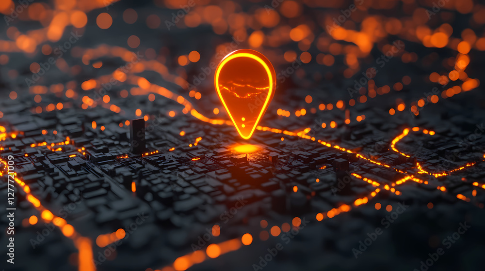 Orange Glow Pin on a Futuristic City Map Orange Glow Pin on a Futuristic City Map