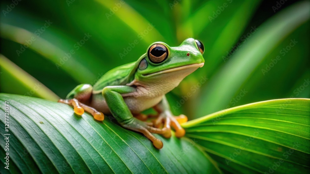 A vibrant green tree frog perched gracefully on a lush, broad leaf, its large, captivating eyes fixed on something beyond the frame, amidst a backdrop of verdant foliage A vibrant green tree frog perched gracefully on a lush, broad leaf, its large, captivating eyes fixed on something beyond the frame, amidst a backdrop of verdant foliage