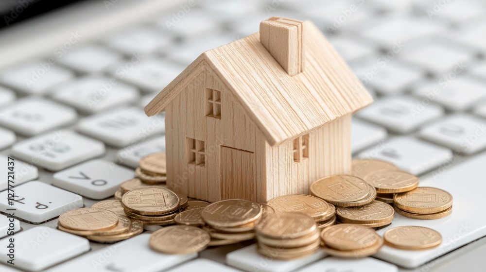 Online Real Estate Investment Wooden House Model on Keyboard with Coins Online Real Estate Investment Wooden House Model on Keyboard with Coins