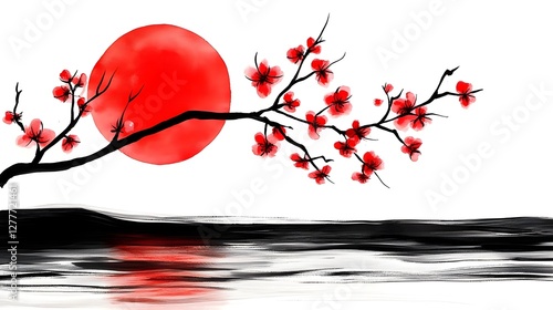 Wallpaper Mural Serene Sunset with Cherry Blossoms Illustrating Tranquil Nature and Beauty in Graceful Harmony of Red and Black against a Calming Water Reflection Torontodigital.ca