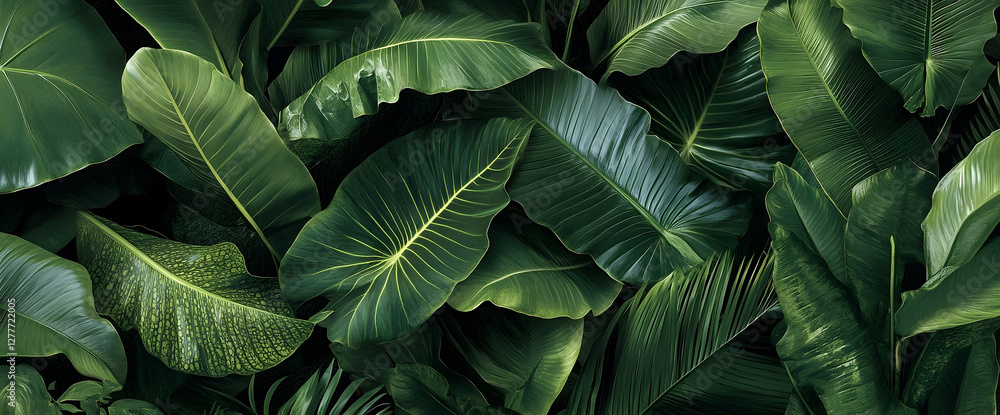 Fototapeta premium Lush tropical foliage, green leaves, jungle background, nature wallpaper