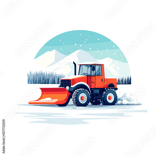 Snowplow truck clearing snow in a mountain landscape.