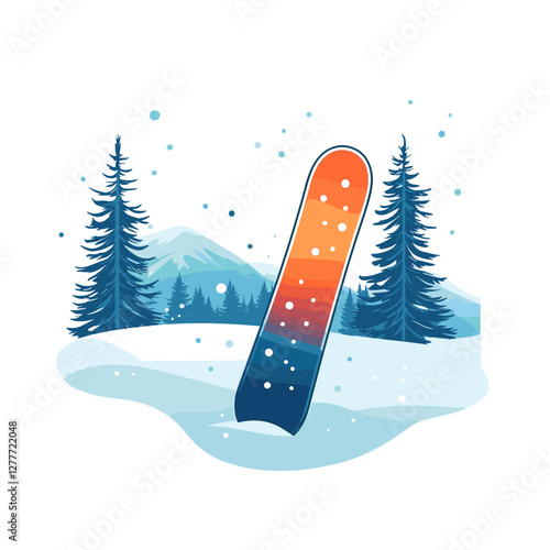 Colorful snowboard standing in snow with mountain background.