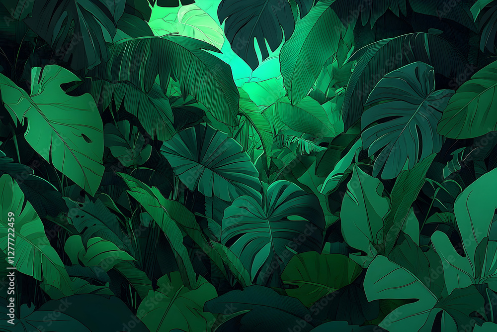 Fototapeta premium Lush Tropical Jungle Foliage, Sunlight, Nature Background, Wallpaper