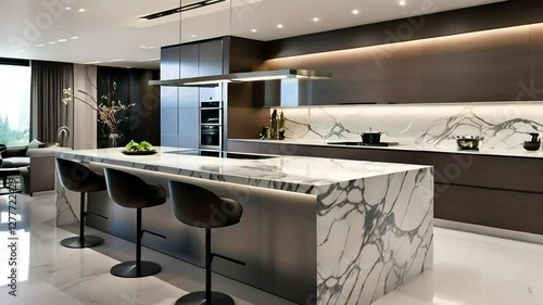 Modern kitchen island, luxury home, marble countertop, city view