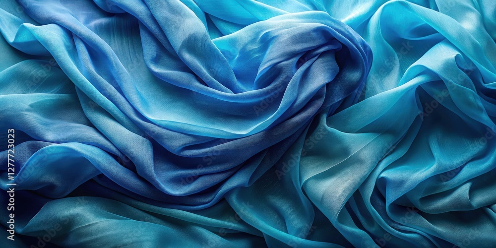 Obraz premium Draped ocean-hued silk fabric with a gradient of blue tones, showcasing its luxurious texture and flowing elegance.